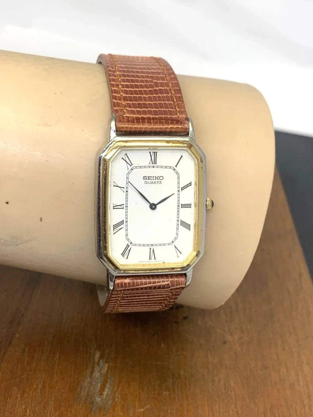 Seiko Watch 2320-6380 Quartz Tank Two Tone Case Brown Leather Strap 1981 25mm